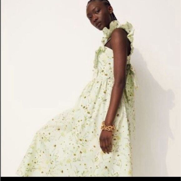 H&M Wildflower Meadow open back Poplin Light Green Floral midi Dress sz XS - Picture 3 of 16